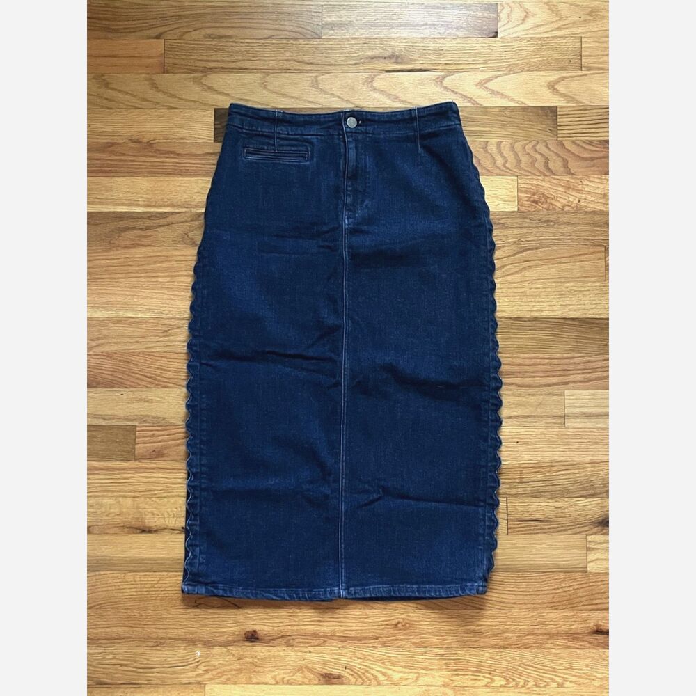 Anthropologie Midi Pencil Denim Skirt with Scalloped Side Seams, Dark Wash